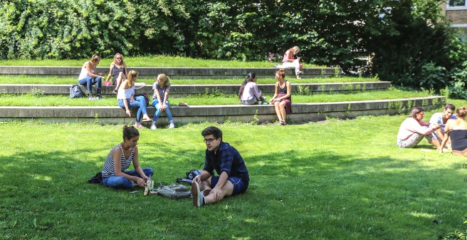 Studierende die sich auf einer grünen Wiese eine Auszeit gönnen