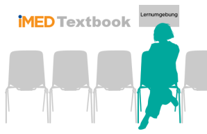 iMED Textbook Logo mit Stühlen und einer sitzenden Person