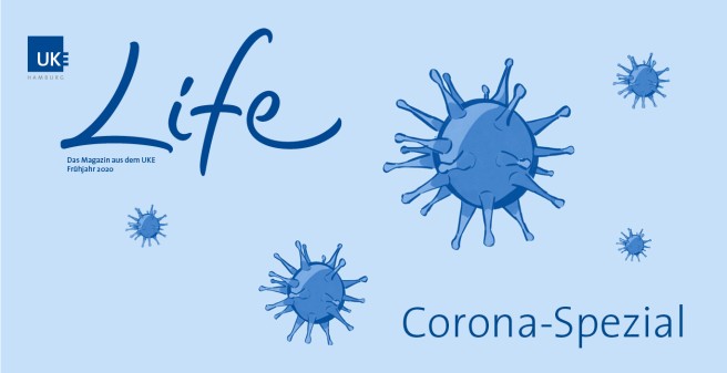 Sonderausgabe des UKE zur Coronoa Pandemie, Blauer Fond mit dunkelblauen stilisierten Corona Viren