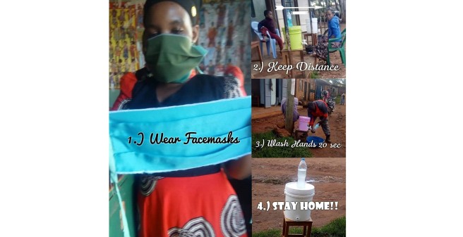 EIn Afrikanisches Mädchen mit Mundschutz und Text Wear Facemasks. drei weitere Bilder zeigen und sagen: Keep Distance, Wash Hands 20 sec, Stay home