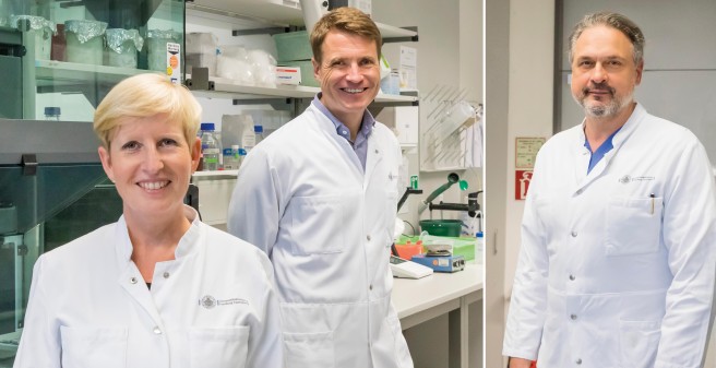 Prof.Fotomontage: Dr. Ania Muntau, ihr Ehemann Prof. Dr. Søren Gersting und Prof. Dr. Thomas Mir stehen in getrennten Labors und lächeln in die Kamera. Prof Muntau im Vordergrund 