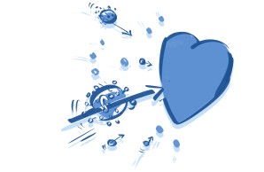 eine blaue Illustration zeigt Viren, die mit Speeren bewaffnet ein Herz attackieren