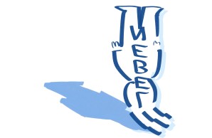 eine blaue Illustration zeigt eine Figur, die auf dem Kopf steht, das Wort Leben ist hineingeschrieben