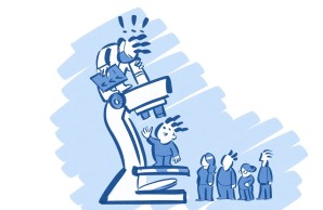 eine blaue Illustrations zeigt ein riesiges Mikroskop durch das ein Männchen auf den Glasträger blickt. Darauf steht ein anderes, winkendes Figürchen. im Hintergrund vier Weitere, die unterschiedliches Alter und Geschlecht versinnbildlichen.