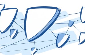 eine blaue Illustration zeigt viele dreieckige Schilde, die perspektivisch kleiner und größer dargestellt sind. miteinander verbunden sind sie durch ein Netzwerk aus Linien