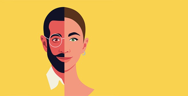 Grafik einer Frau und eines Mannes, mit je einer Gesichtshälfte. Zusammen betrachtet sieht man einen Kopf, eine Hälfte weiblich, die andere Hälfte männlich.