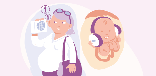 Schwangere Frau hört radio und das baby hört über Kopfhörer mit